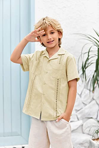Boys Guayabera Shirts Cuban Short Sleeve Tops Casual Button Down Beach Shirt Spread Collar Solid Summer Blouse Khaki #TOP3