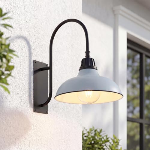 Image of JONATHAN Y 12.25 inch Matte Silver 1-Light Blue /Black Farmhouse Gooseneck Outdoor Wall Sconce Lamp, with Black Metal Bowl Shade, Industrial Iron LED Porch Light for Patio Garage Entryway (JYL7614K)
