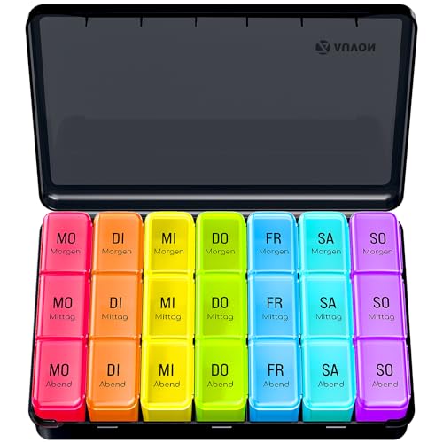 AUVON Tablettenbox 7 Tage Morgens Mittags Abends, Tragbare Pillendose mit Großen Separaten Fächern, Medikamentenbox 7 Tage 3 fächer, lichtundurchlässiger Pillenbox für Medikamente, Vitamine Fischöle