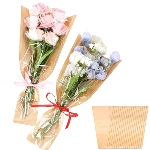 Papier Kraft pour Bouquet 40 Pièces, 9 x 24 x 45 cm, Emballage de Fleurs Marron, Papier d’Emballage Bouquet pour Fête des Mères, Mariage, Anniversaire,...
