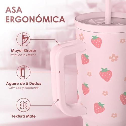 Image of SANDJEST Strawberry Tumbler with Handle 40oz - Insulated Stainless Steel Travel Coffee Mug Cup for Girls Women, Gift for Christmas, Birthday
