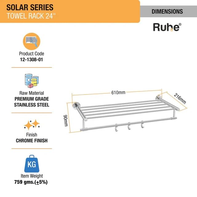 Image of Ruhe Solar Towel Rack Premium Stainless Steel | Towel Cloth Rack /Holder /Stand /Shelf Accessories for Bathroom and Kitchen | 24 Inches