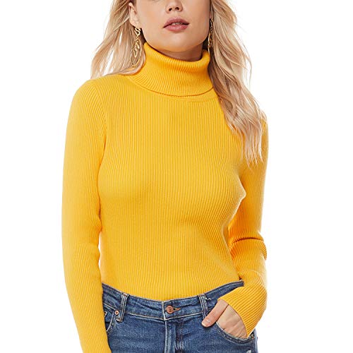 nine bull Women's Turtleneck Sweater Stretch Long Sleeve Knitted Solid Pullover Fall or Winter Fashion, Perfect for Layering or Solo Wear (Yellow, M)