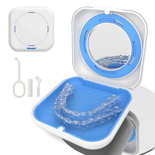Retainer Case, Slim Aligner Case with Vent Holes, Compatible with Invisalign, Orthodontic Retainer Case with Mirror, Mouth Guard Case with Retainer Removal Tool and Brush,Blue