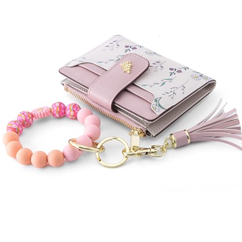 Tomolucky Direct Small Wallets for Women RFID Blocking Leather Bifold Zipper Pocket Keychain Wallet with Bracelet Flower Pattern ID Window Credit Card Holder Purse (Pink)