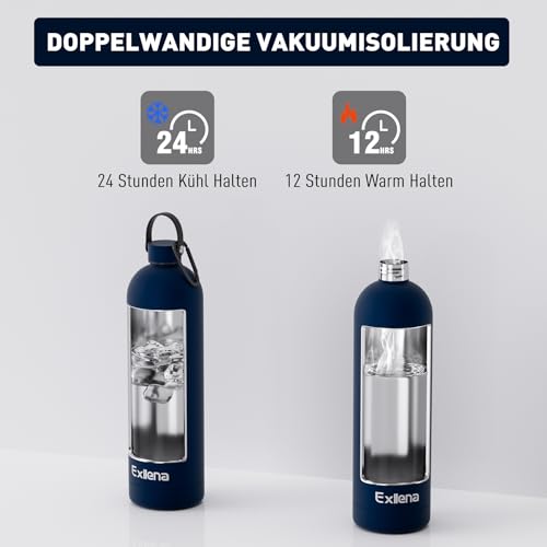 Edelstahl-Trinkflasche 1,5 Liter von Exllena mit Griff und Karabiner