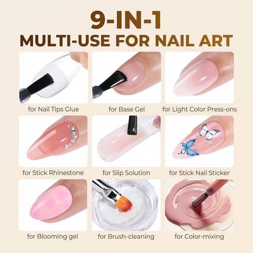 Image of UNA GELLA 9 in 1 Gel Nail Glue U V Light Super Hold for Gel Nails Tips, 10 ml Brush On Nail Glue for Light-color Press On Nails, Rhinestones, Base coat, Blooming Art, Acrylic Tips Lamp Needed