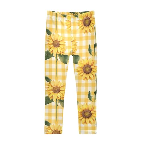 Sunflower Yellow White Checkered Pattern Girls Leggings Ultra Soft Compression Yoga Gym Pants for Kids 4-10T
