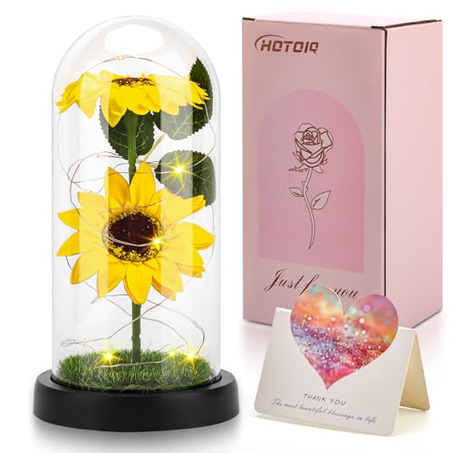 HOTOIQ Geschenk für Frauen,Ewige Sonnenblumen Deko im Glas mit licht, Geburtstagsgeschenk für Frauen Geschenk für Frau Freundin Mama Oma zum Muttertag Jahrestag Geburtstag