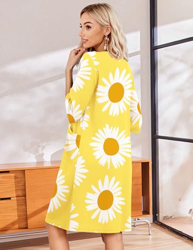 Image of Ekouaer Zip Up Robes for Women Short Waffle Bathrobe Lightweight Knee Length Housecoat with Pockets Nightgown(Yellow Floral)