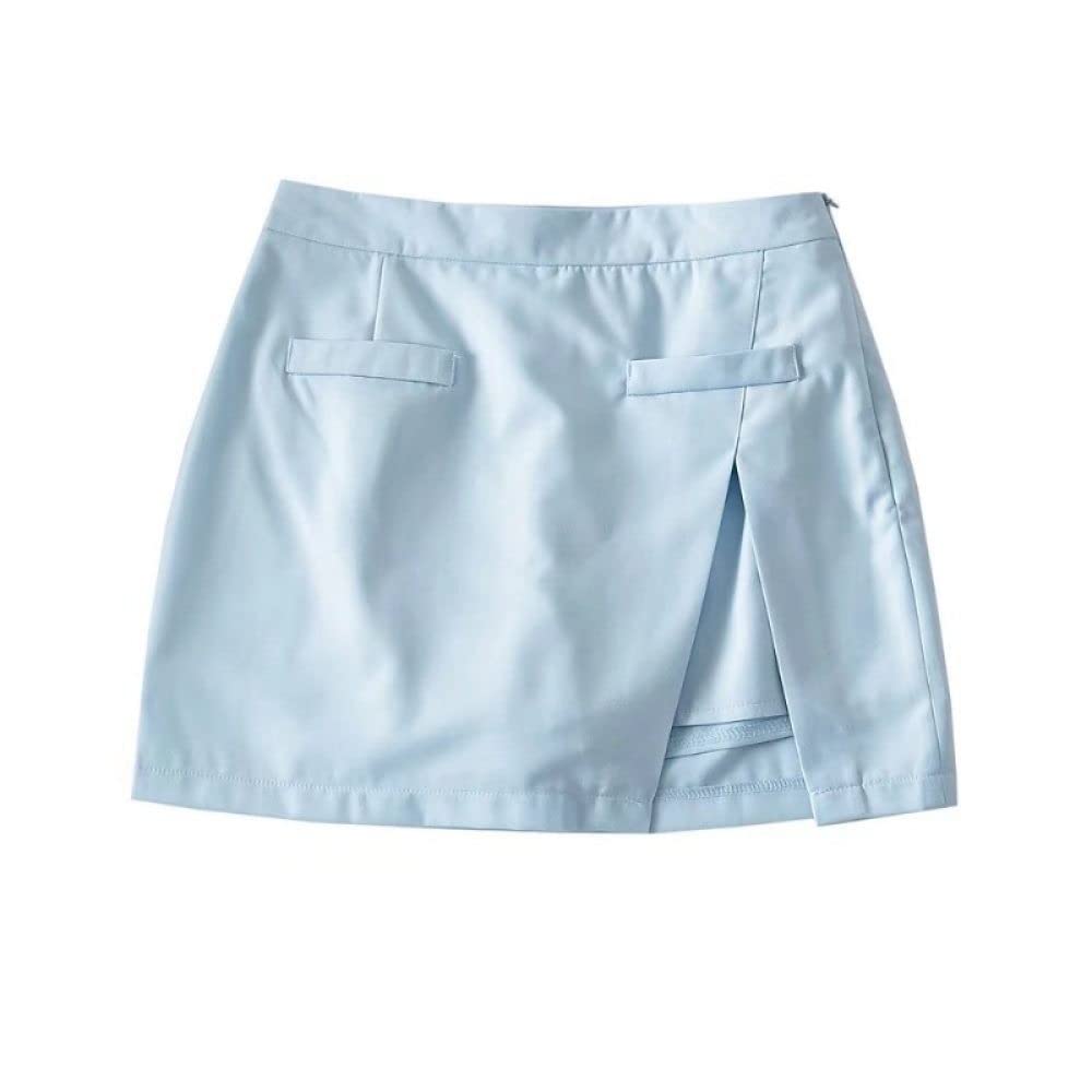 Röcke Für Damen,Damen-Minirock Blau High Waist Schlitz Hüften Wickelrock Einfarbiger Reißverschluss A-Linie Lagenrock Mit Hose Lässiger Kurzer Rock Für Mädchen Damen,M