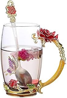 Tebery Tea Cup Coffee Mug Cups with Spoon Handmade Butterfly Rose Glass Coffee