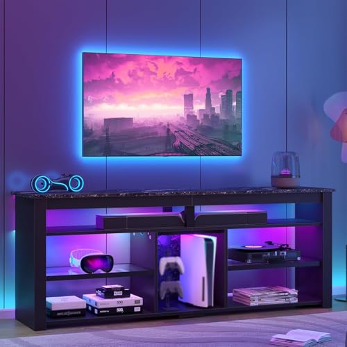 Bestier TV Stand for 70 inch TV, Tall Entertainment Center with 2 Led Lights, Gaming TV Console with Storage for PS5, Modern TV Cabinet for Bedroom, Living Room, Black Marble 63''L*13.31''W*