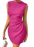 Acelitt Women's Summer Dresses Crew Neck Mini Dress Ruched Waist Short Party Dresses Rose Red Large