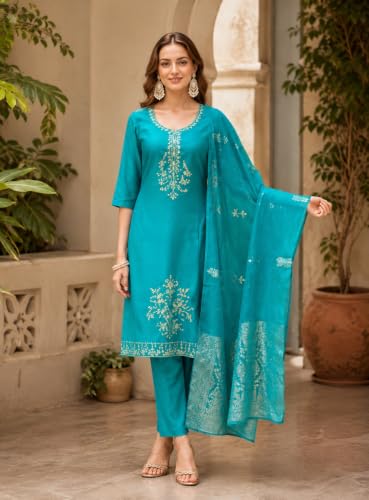 Image of Womens Zardozi Floral Embroidered Kurta with Pant and Heavy Jacquard Border Dupatta Set