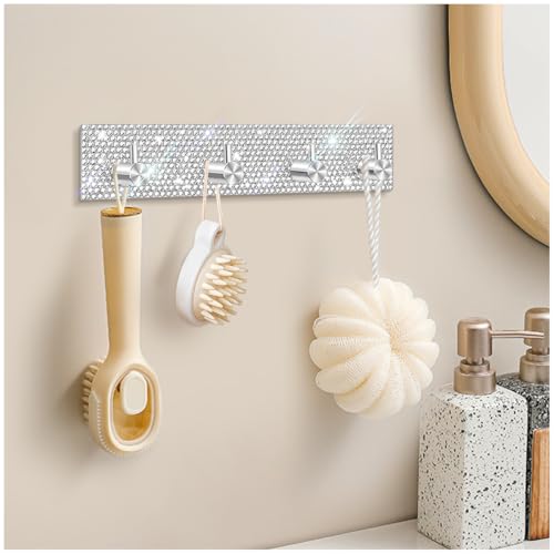 GUFONKOD Bling Key Holder for Wall Decorative, Adhesive Stainless Steel Key Hooks Sparkle,Glitter Key Hanger Key Organizer for Wall, Towel Hook for Entryway Hallway(Four Rows,Silver)