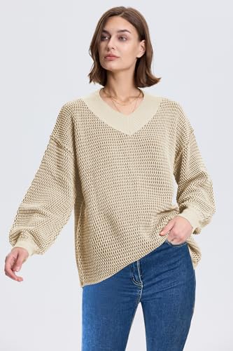 Image of Cakulo Womens Oversized Fall Pullover V Neck Sweaters 2024 Chunky Knit Color Block Sweater Tops Trendy Outfits