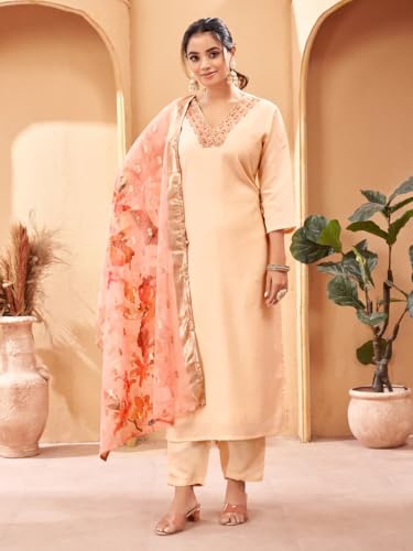 Smowkly Cotton Silk Blend || Dupatta Set || Kurta Pant Set || Printed Dupatta Set || Ethnic Set For Women (Peach, Xl)