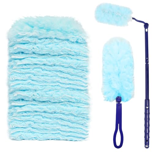 Newthinking Flash Dust Magnet and Refills Fluffy Disposable Dust Magnet Kit with Extended Handle for Household Cleaning and Dust Removal (1 Long Handle 1 Short Handle 20 Duster Refills)