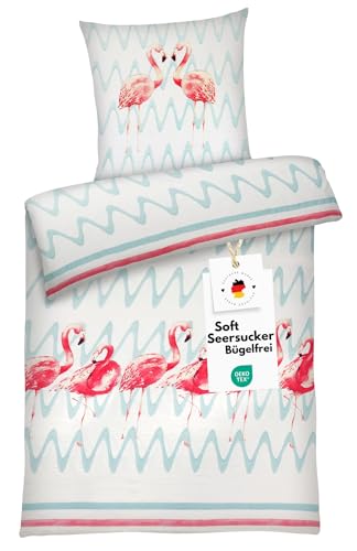 Carpe Sonno Seersucker Bettwäsche 135x200 Baumwolle | Flamingo Bettwäsche...