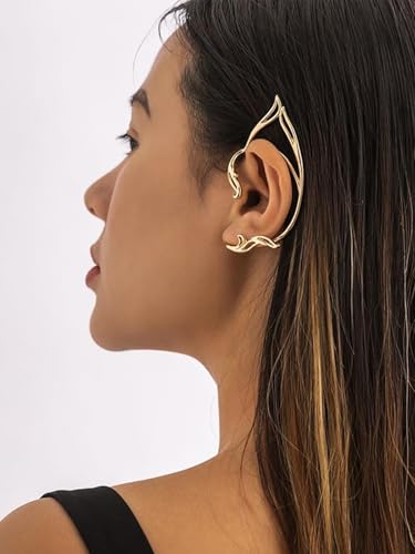 Gothic Elves Ear Cuffs 2pcs Gold Fairy Ears Punk Elves Ear Wrap Earrings Adjustable Non-pierced Fake Earrings for Cosplay Cartilage Climber Ear Hip Hop Clip on Statement Earring Gift for Women (Gold)2