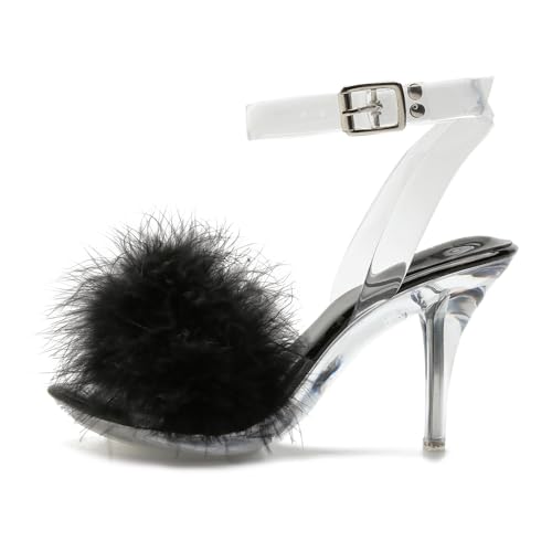 Women's Fuzzy Clear Heels Ankle StrapStilettos Heels Mules Sandals Fluffy Feather Slip On High Heeled Party Prom Dresses Shoes