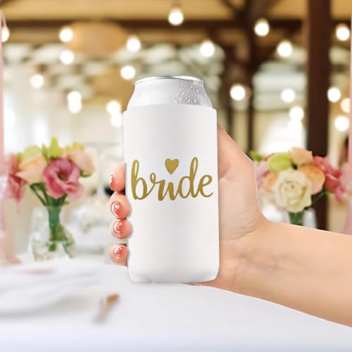 Image of PartyGifts&Beyond Bridesmaid Gifts Can Cooler 10Packs Bachelorette Party Decorations Slim Can Cooler Bride Squad Can Sleeves(Neon Pink)