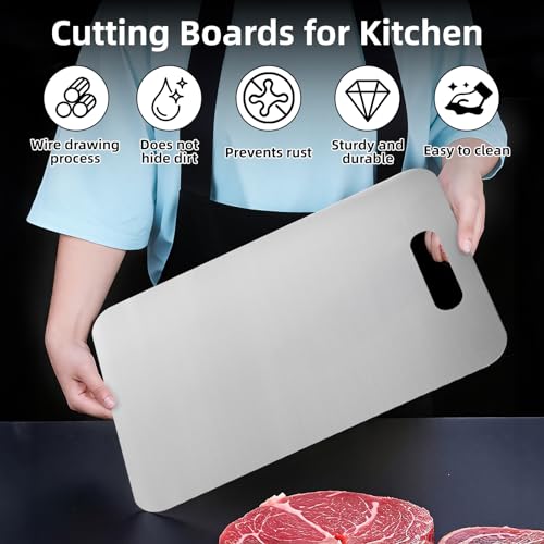 TZJOA Set de 3 Tablas de Cortar Rectangulares de Acero Inoxidable, Grado Alimenticio 304, Uso Doble, Antiodor, Fácil de Limpiar miniatura 3