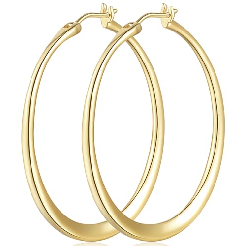 Gold Hoop Earrings for Women 14K Gold Hoop Earrings Flat-Centered Large Womens Hoops Earring 40mm