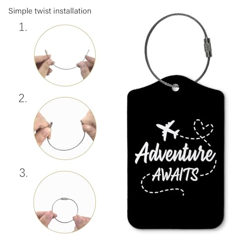 Adventure Awaits Luggage Tags for Suitcases,Travel Gift for Couples,Black 2 Pack Baggage Tag Label with Steel Loop,Funny Party Gifts,Handbag School Bag Backpack Traveling Accessories2