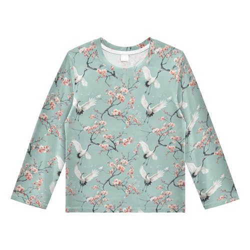 Pink Flower Crane Blue Pattern Boys Rash Guard Swim Shirts Long Sleeve UPF 50+ Quick Dry Sun Protection Shirt Swimwear Surf Tops for Toddler Kid Fishing Swimming Outdoor 11-12T