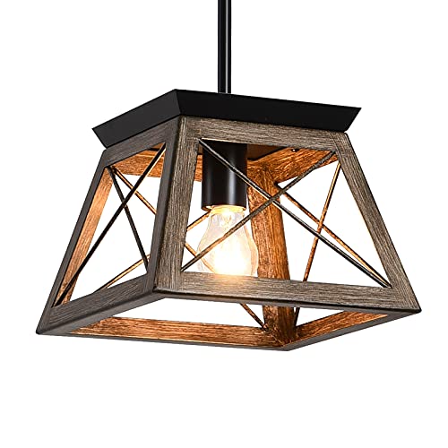 🛒 Crazy Deals PUSU Farmhouse Pendant Light Fixture, Kitchen Island Lighting Industrial Metal Rustic Chandelier with Brown Wooden Grain Finish for Dining Room Bedroom Foyer and Reading Room,Adjustable Height