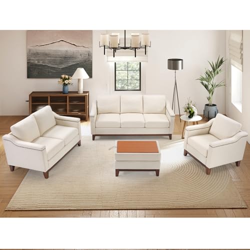 Image of HAOMARKETS 2 Piece Sofa Set, Single Armchair and 3-Seater Sofa Couch with Solid Wood Legs, Vintage Rivet Comfy Sofa with Thicked Cushion for Living Room Apartment Office, Beige