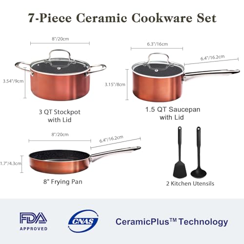 Image of M MELENTA Pots and Pans Set 7 piece, Non Stick Copper Ceramic Cookware Set | Compact Starter Cookware, Nonstick Pots and Pans Set, Induction Cookware, Kitchen Cooking Set, Oven Safe, PFAS & PFOA Free
