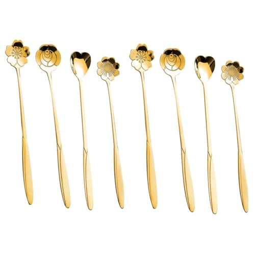 Image of Gold Tone Dessert Spoon Set with Decorative Flower and Heart Shaped Spoon Heads (Pack of 8)