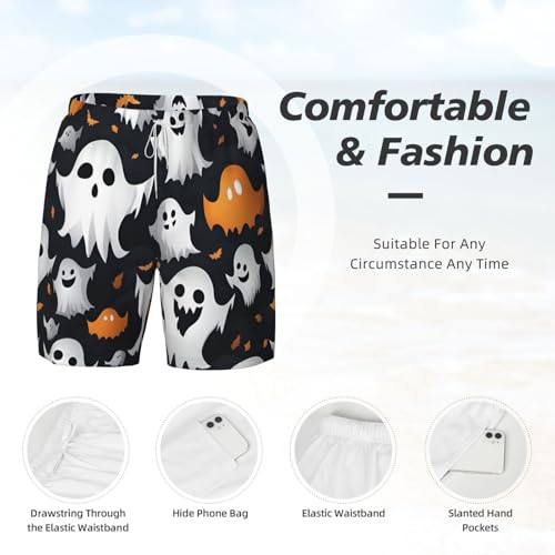 Cute White Ghost Halloween Pattern Men's Soft Double Swim Shorts, Lounge Swiming Shorts Pants Breathable Summer 5