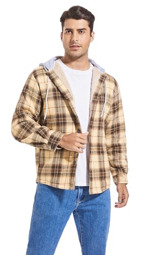 Image of Men's Cotton Plaid Shirt Jacket Fleece Flannel Sherpa Button Down