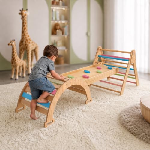 Image of Avenlur Hazel 5-in-1 Pikler Triangle Set, Toddler Climbing Toys Indoor | Montessori Climbing Set & Indoor Playground: Triangle Ladder, Arch Climber, Rocker, Toddler Slide, Ramp (Colored)