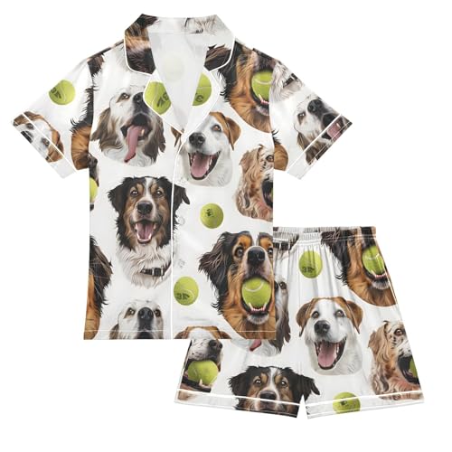 ALAZA Dog with Tennis Balls Pajamas Satin Pajama Set Short Sleeve Button Down Sleepwear
