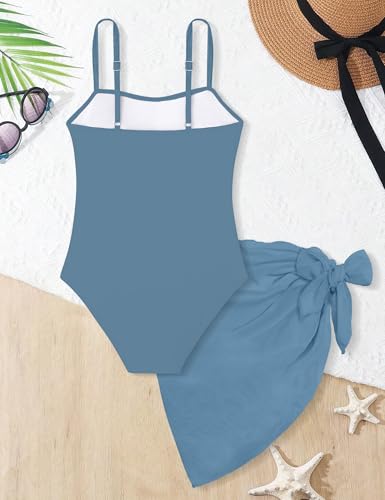 Image of Girls Swimsuit Adjustable Straps Cut Out One Piece Bathing Suit with Solid Color Cover Up Skirt Girls' Swimwear 5-16Y