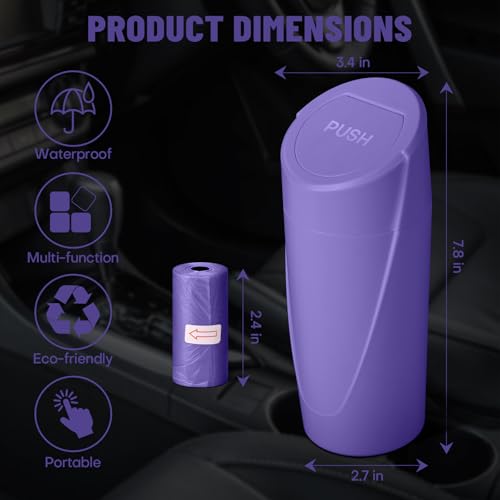 Image of Car Trash Can Bin with Lid - Car Garbage Can Cup Holder - Purple Mini Leakproof Vehicle Garbage Bin with 20pcs Trash Bags-Automotive Organizers and Storage for Front Back Seat Accessories
