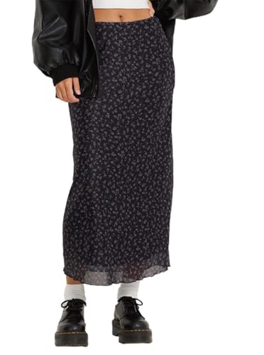 Avanova Women's Ditsy Floral High Waist Skirts Lettuce Trim Summer Boho A Line Midi Skirt A Black Purple Small