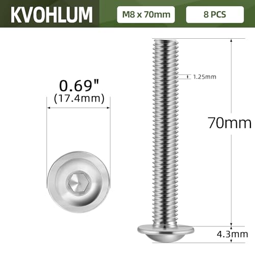 Image of M8-1.25 x 70mm 8 PCS Flanged Button Head Socket Cap Bolts Screws, Stainless Steel 304, Allen Socket Drive, Screwdriver Bit Included, Bright Finish, Fully Machine Thread