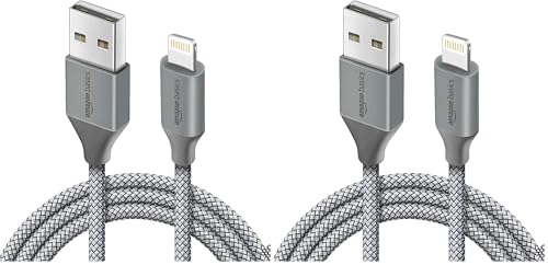Image of amazon basics Nylon Braided USB to Lightning Fast Charging and Data Sync Cable Compatible for iPhone 14,13, 12,11,X, 8, 7, 6, 5, iPad Air, Pro, Mini (3 FT Pack of 2, Grey)