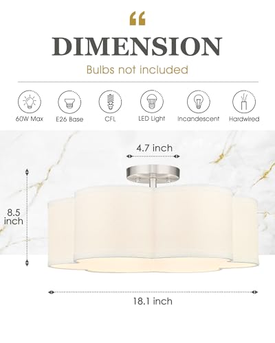 Image of Semi Flush Mount Ceiling Lights, 6-Light 18 inch Ceiling Light Fixtures with Fabric Shade in Flower Shape, Brushed Nickel Farmhouse Drum Lighting for Nursery Bedroom Kitchen, AD-22007-6SF-SN