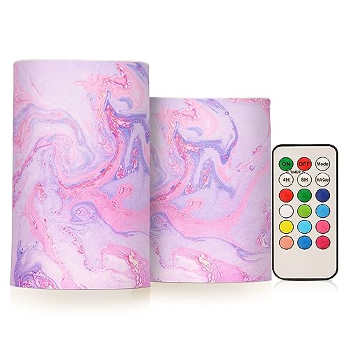 ALAZA Pink Marble Flickering Flameless Candles Battery Operated with Remote Timer,Tea Light Candles LED Pillar Votive Candles Set of 2 for Outdoor Indoor Decorations