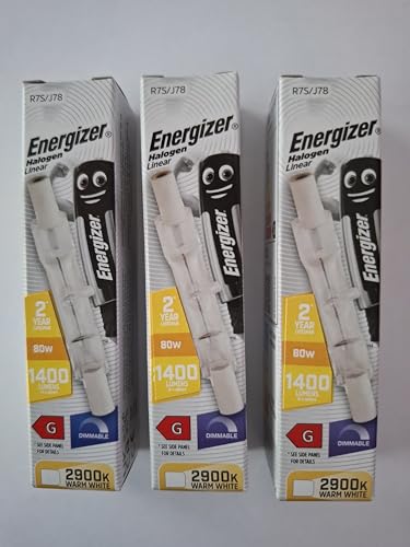 Energizer R7S J78 80w Watt Linear Eco Halogen Light Bulbs Pack of 3 Warm White, dimmable Used in Security floodlights, uplighters and Floor Lamps.Pack of 3