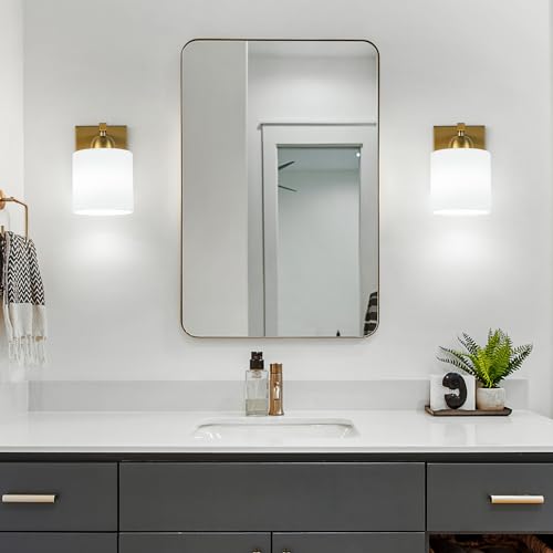 Image of Mecgirn Gold Milk Glass Wall Sconces, 1 Pack Hardwired Indoor Wall Light Fixtures for Living Room, Hallway, Bedroom, Ceramic E26 Sockets (Bulbs Not Included)