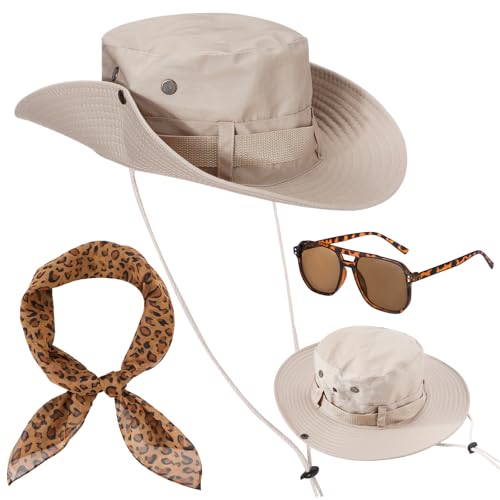 Nezyo 3 Pièces Set de Costume de Safari pour Femmes Accessoires de Costume de Safari Chapeau de Soleil Lunettes Imprimé Léopard Foulard pour Carnaval Halloween Cosplay Aventures Extérieures