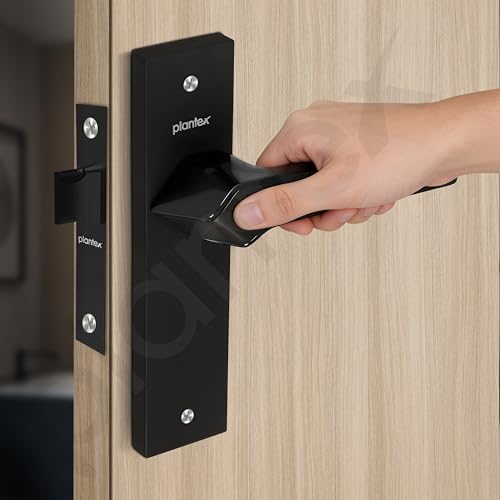 Image of Plantex Heavy Duty Bathroom Door Lock - Mortise 8 Inch Keyless Plate Handle Set for Home /Bathroom /Store Room /Balcony /Office with Baby Latch (8133-DC-Black & Z-Black)